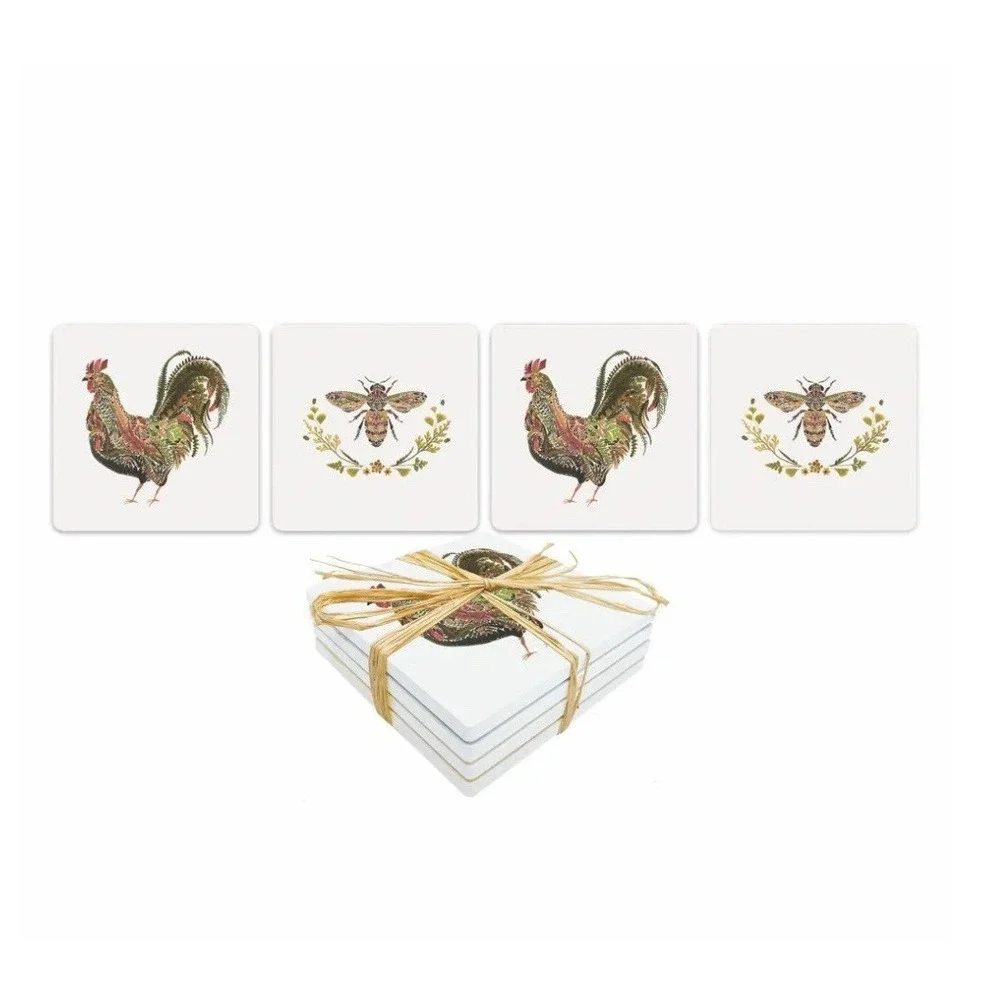 PPD HELEN AHPORNSIRI  Provençal Dolomite Coaster Set Rooster & Bee